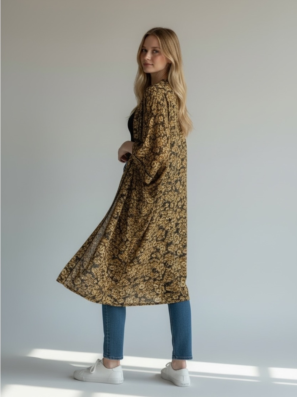 Treasure & Bond Mustard and Black Floral Kimono